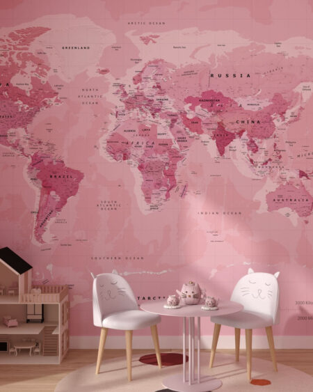 Designer Fototapete rosa Weltkarte auf rosa Hintergrund im Kinderzimmer
