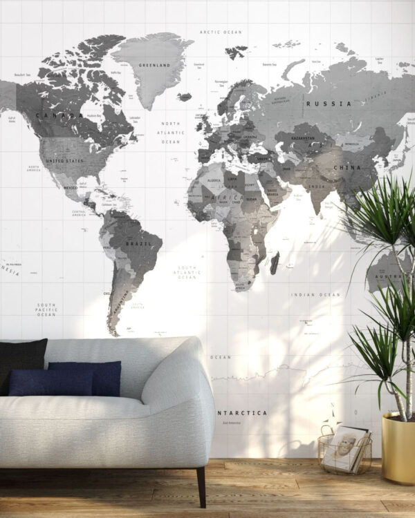 Fototapete Dunkelgraue Weltkarte auf weißem Hintergrund im Wohnzimmer