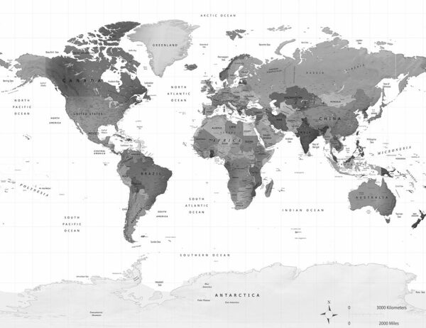 Fototapete dunkle Weltkarte in Grautönen auf weißem Hintergrund