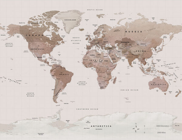 Designer Fototapete Weltkarte in Brauntönen auf beigem Hintergrund