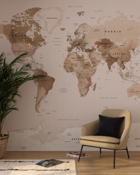 Designer Fototapete Weltkarte in Brauntönen auf beigem Hintergrund im Wohnzimmer