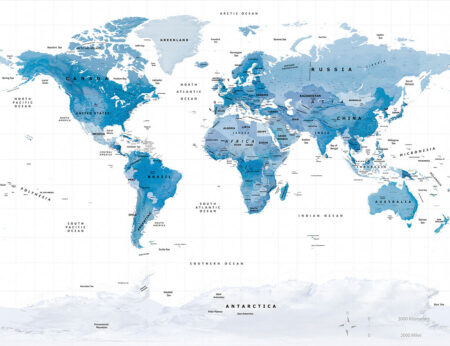 Designer Fototapete Weltkarte in dunklen Blautönen auf weißem Hintergrund