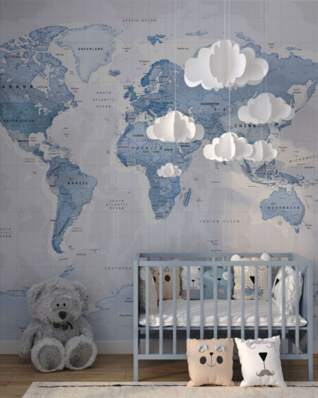 Designer Fototapete hellblau Weltkarte im Kinderzimmer