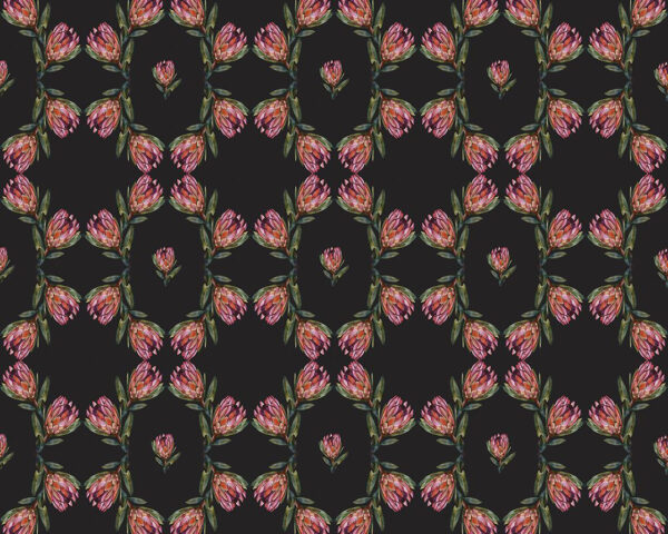 Vintage Tapete mit Protea-Blumenmuster auf schwarzem Hintergrund