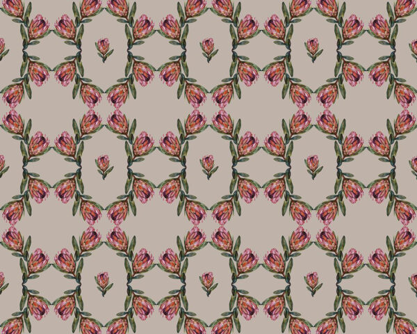 Vintage Tapete mit Protea-Blumenmuster auf beigem Hintergrund
