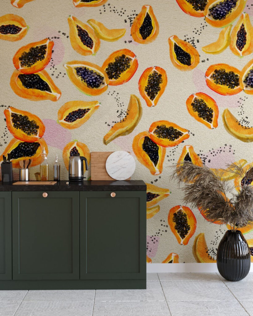 Vintage Tapete mit hellen Obst Papayas und Samen in der Küche