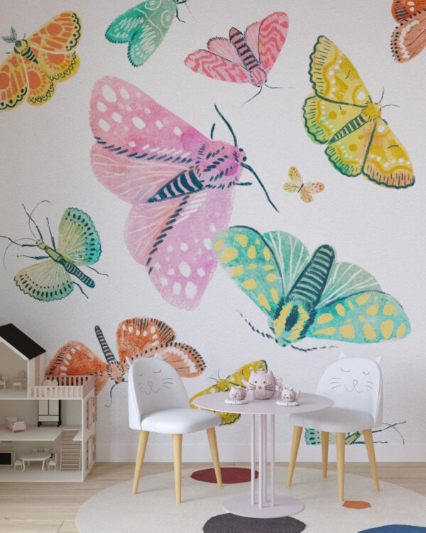 Fototapete Vintage helle bunte Schmetterlinge im Kinderzimmer