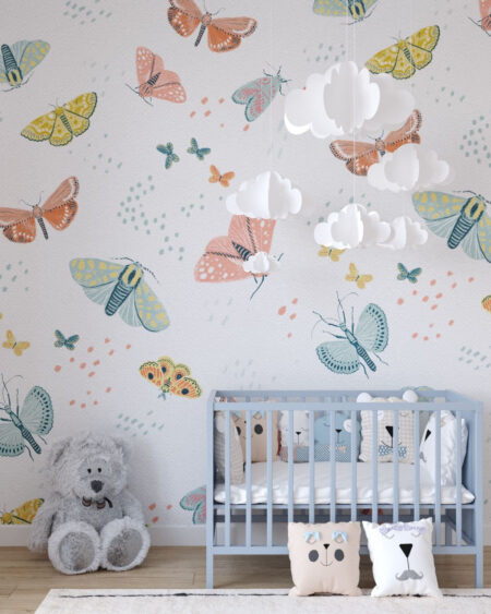 Fototapete Vintage helle bunte Schmetterlinge und Tupfen im Kinderzimmer