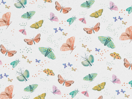 Fototapete Vintage helle bunte Schmetterlinge und Tupfen auf weißem Hintergrund