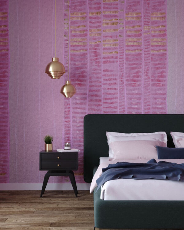 Tapete mit goldenen und rosa geometrischen Linien auf einer schäbigen Textur im Schlafzimmer
