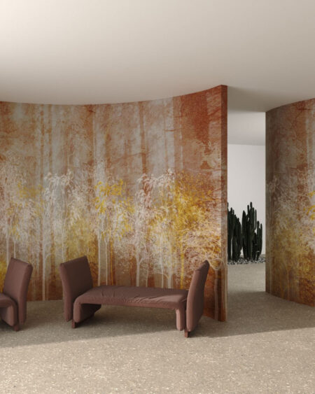 Vintage Fototapete Wald mit goldenen Bäumen auf Papierstruktur im Wohnzimmer