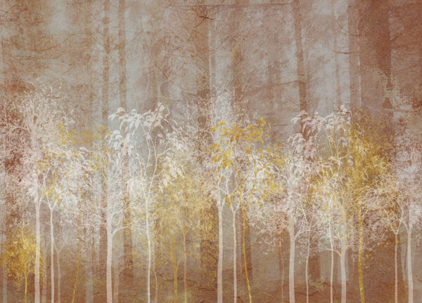 Vintage Fototapete Wald mit goldenen und weißen Bäumen auf brauner Papierstruktur