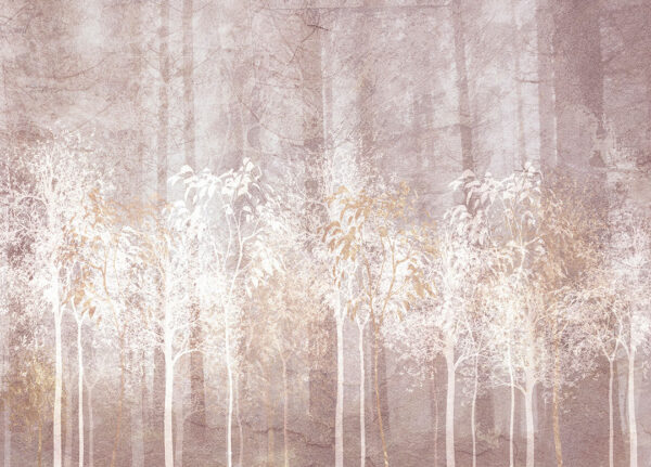 Vintage Fototapete Wald mit goldenen und weißen Bäumen auf grauer Papierstruktur