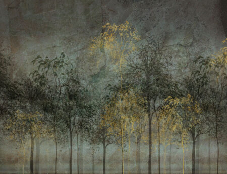 Vintage Fototapete Wald mit goldenen und dunklen Bäumen auf grün-grauer Metallstruktur