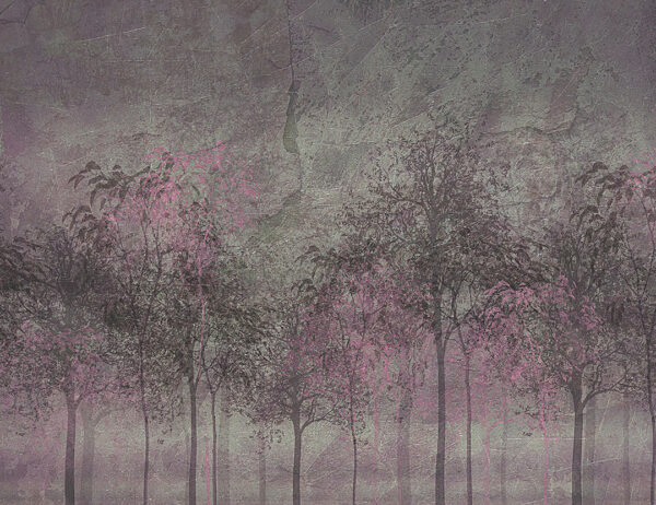 Vintage Fototapete Wald mit dunklen Bäumen in Lilatönen auf grauer Metallstruktur