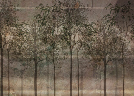 Vintage Tapete mit dunklen Bäumen auf der Textur von dekorativem Putz in graubraunen Tönen