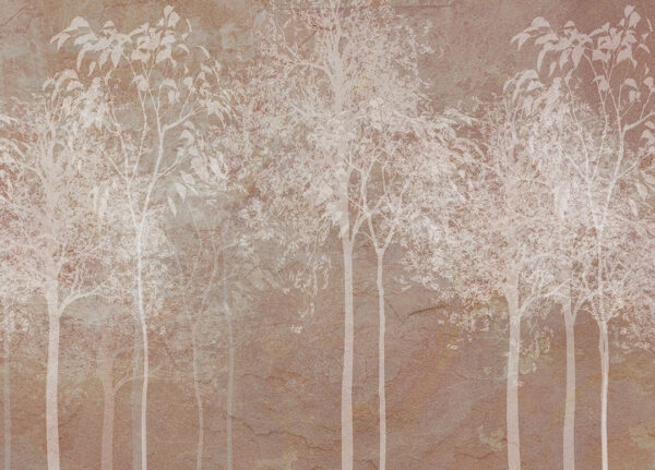 Vintage Tapete mit weißen Bäumen auf der Textur von dekorativem Putz in Beigetönen