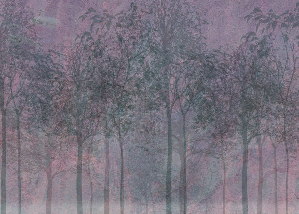 Vintage Tapete mit dunklen Bäumen auf der Textur von dekorativem Putz in lila-grauen Tönen