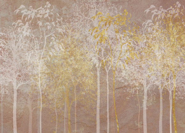 Vintage Tapete mit goldenen und weißen Bäumen auf der Textur von dekorativem Putz in Beigetönen