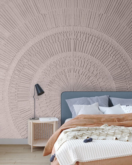 3D tapete mit kreisförmiger geometrischem Formaufdruck auf Reliefstruktur im Schlafzimmer