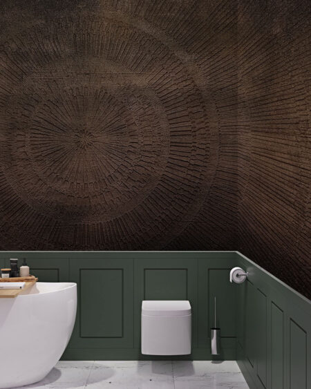 3D-Tapete mit kreisförmiger geometrischem Formaufdruck auf einer schäbigen Reliefstruktur im Badezimmer