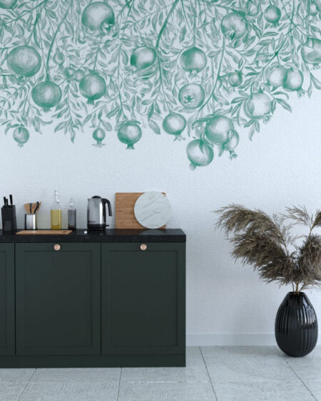 Designer Fototapeten mit grünem Granatapfelmuster für die Küche