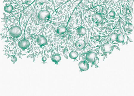 Designer Fototapeten mit grünem Granatapfelmuster auf weißem Hintergrund