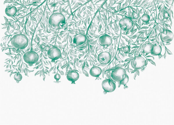 Designer Fototapeten mit grünem Granatapfelmuster auf weißem Hintergrund