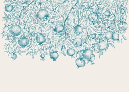 Kunst-Fototapeten mit handgezeichneten blauen Granatäpfeln auf hellem Hintergrund
