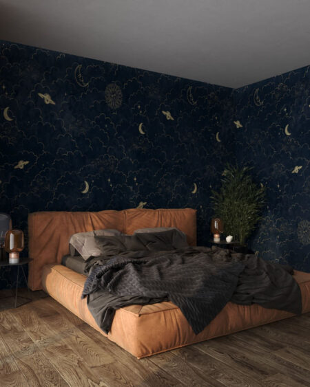 Exklusive Tapete mit himmlischen Illustrationen auf dunklem Hintergrund für das Schlafzimmer