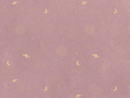 Designer-Fototapete mit Muster aus goldenen Planeten und Wolken am rosa Himmel