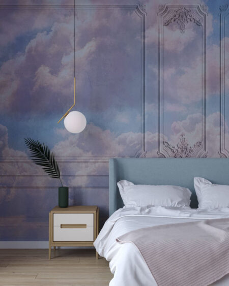 3D-Tapete mit einer exklusiven Textur aus hellen Wolken im Schlafzimmer