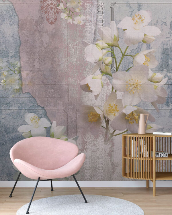 3D-Tapete mit Jasminblüten auf einer schäbigen Vintage-Textur im Wohnzimmer