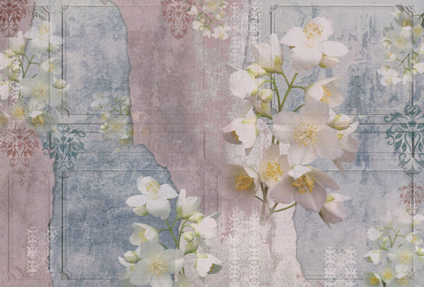 3D-Tapete mit Jasminblüten auf einer schäbigen Vintage-Textur in Rosa- und Blautönen