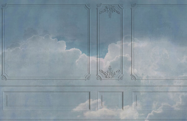 3D-Tapete mit Designer-Textur aus dicken Wolken auf blauem strukturierten Panel-Hintergrund