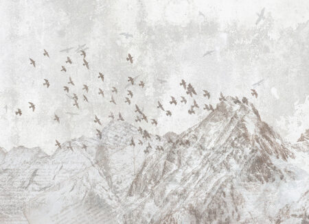 Winterberge Fototapete mit Vogelschwärmen in Grautönen