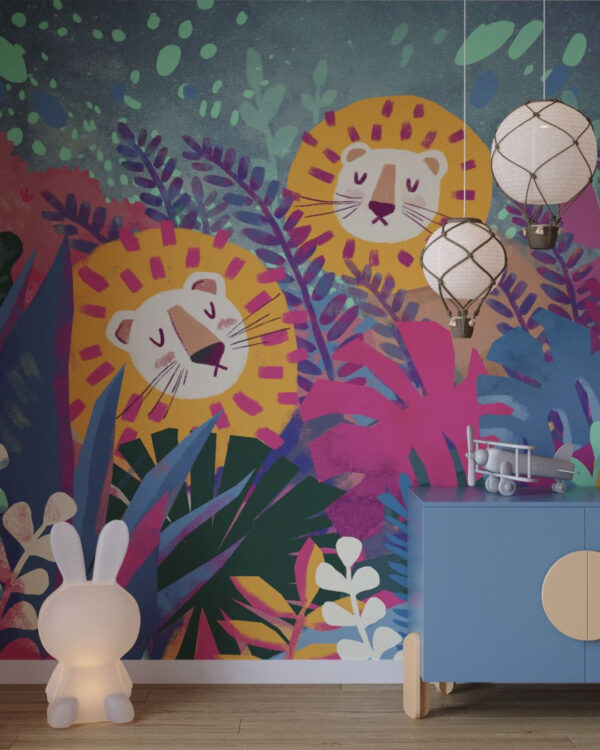 Kindertapete mit gemalten Löwen in den Tropen im Babyzimmer