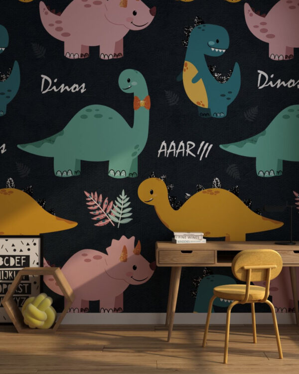 Kindertapete mit bunten Dinosauriern und Schriftzug auf schwarzer Textur im Babyzimmer