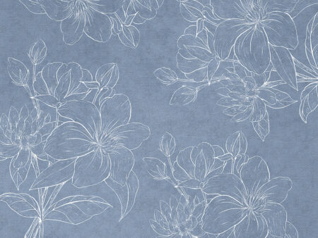 Designer Fototapete mit weißen gravierten Blumen auf blauer Textur