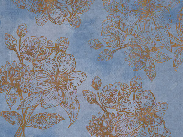 Designer Fototapete mit gold gravierten Blumen auf blauer Textur