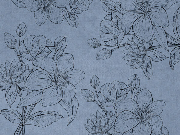 Designer Fototapete mit schwarzen gravierten Blumen auf blauer Textur