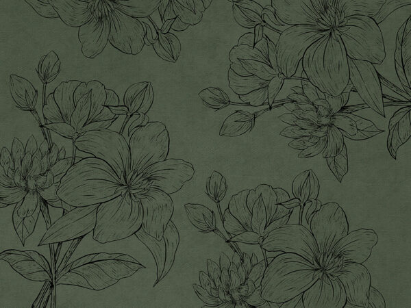 Designer Fototapete mit schwarzen gravierten Blumen auf grüner Textur