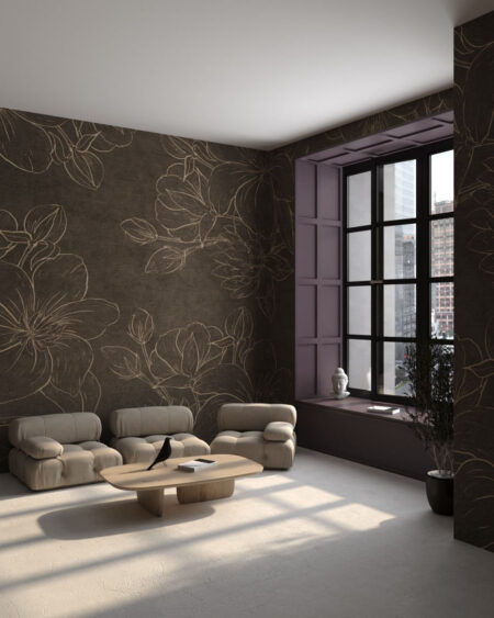 Designer Fototapete mit beige gravierten Blumen im Wohnzimmer