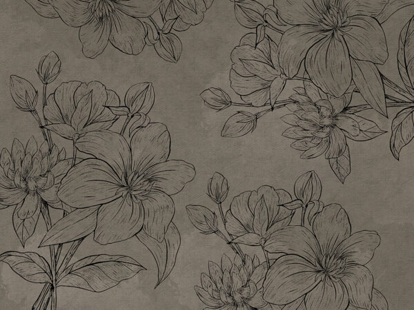 Designer Fototapete mit schwarzen gravierten Blumen auf hellbrauner Textur