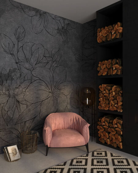Designer Fototapete mit schwarzen gravierten Blumen im Schlafzimmer