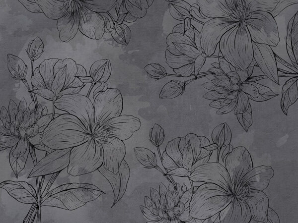 Designer Fototapete mit schwarzen gravierten Blumen auf dunkelgrauer Textur