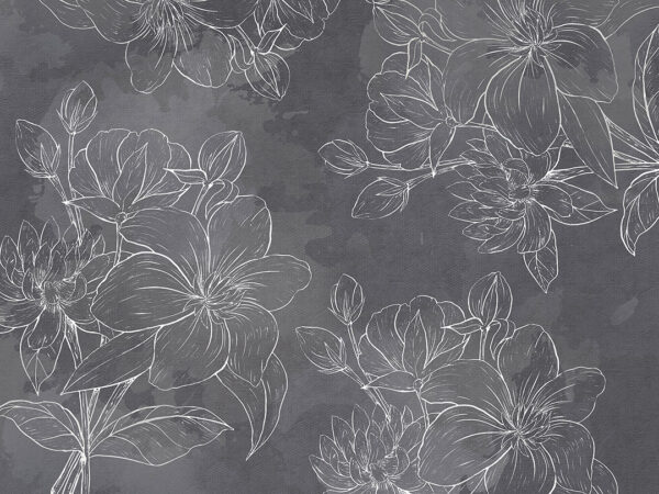 Designer Fototapete mit silber gravierten Blumen auf dunkelgrauer Textur