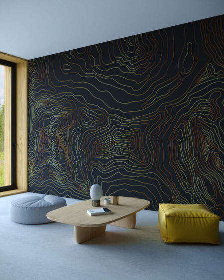 Exklusive Tapete mit goldene geschwungenen Linien im Wohnzimmer