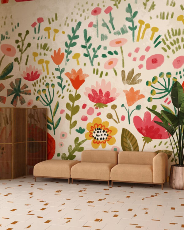 Fototapete gemalt Blumenwiese auf hellem Hintergrund im Wohnzimmer