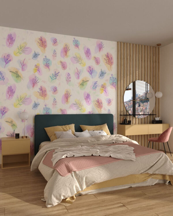 Moderne Tapete mit grafische Pflanzen und bunte Muster im Schlafzimmer